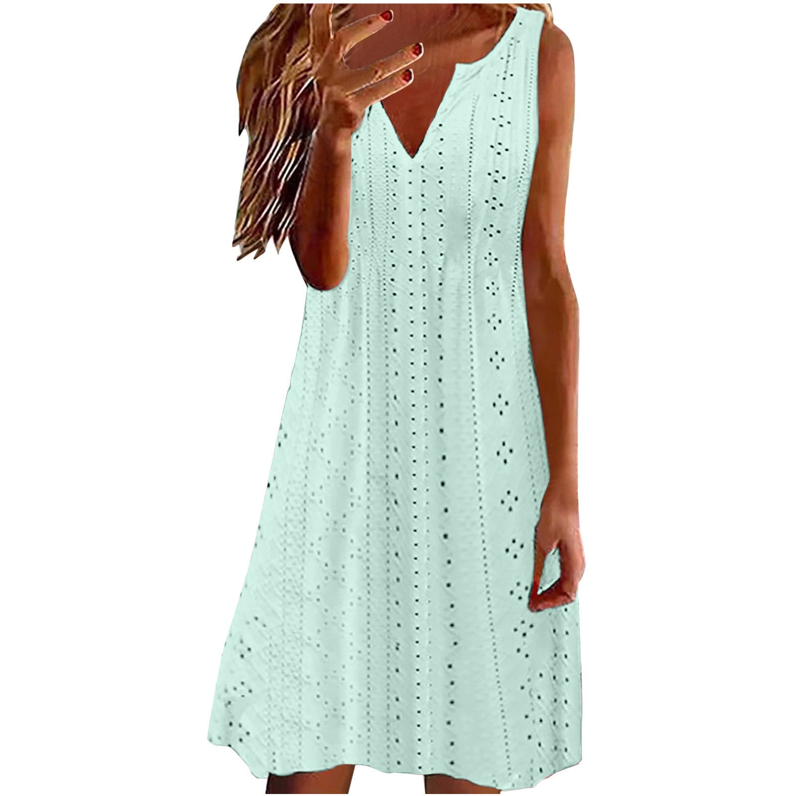 Womens Hollow-Out Jacquard V-Neck Loose Solid-Colored Dress