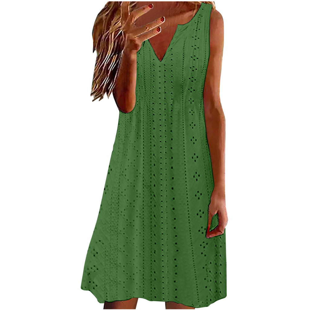 Womens Hollow-Out Jacquard V-Neck Loose Solid-Colored Dress