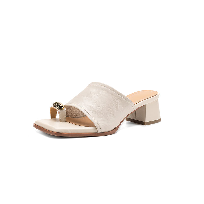 Women's Premium Full-Grain Lambskin Slide Sandals, Handmade Vintage Metal Decor Square Toe Block Heel Mules