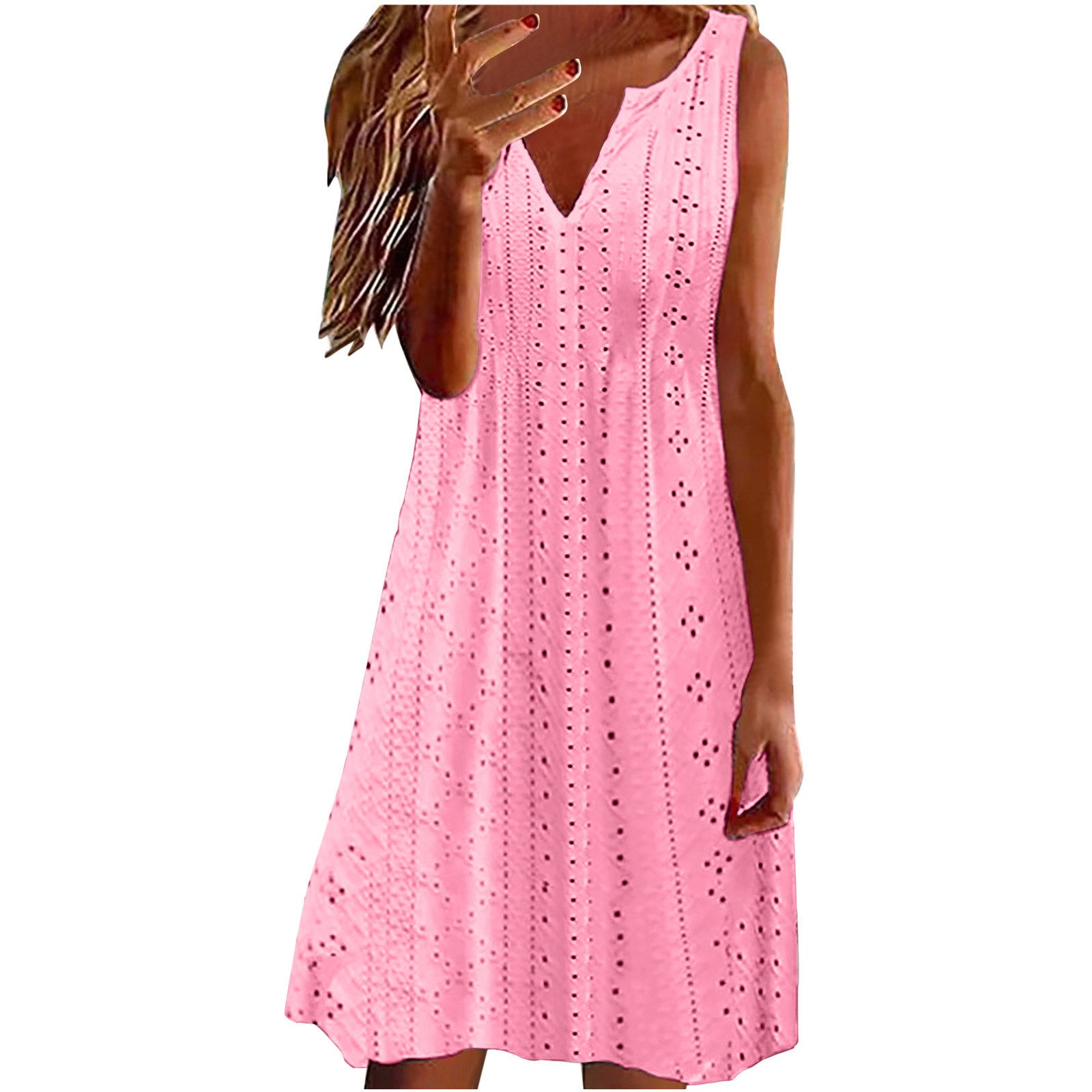 Womens Hollow-Out Jacquard V-Neck Loose Solid-Colored Dress