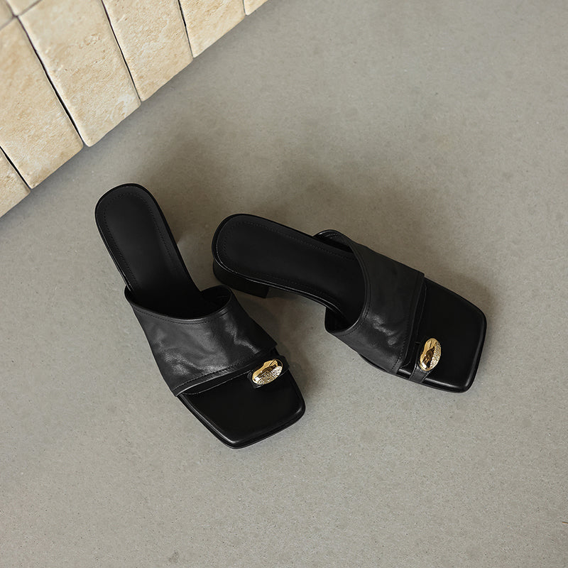 Women's Premium Full-Grain Lambskin Slide Sandals, Handmade Vintage Metal Decor Square Toe Block Heel Mules