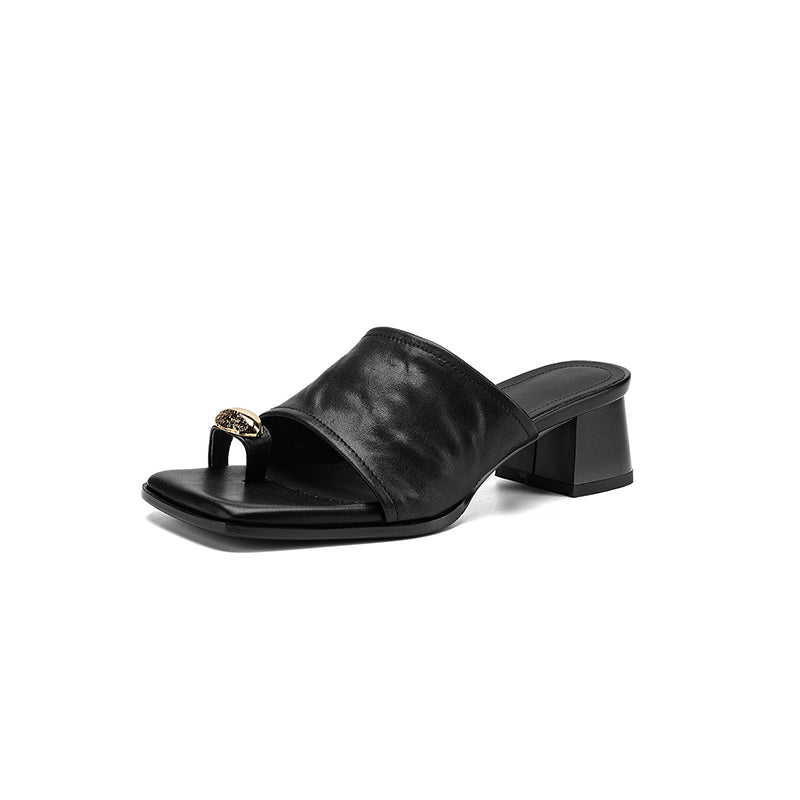 Women's Premium Full-Grain Lambskin Slide Sandals, Handmade Vintage Metal Decor Square Toe Block Heel Mules