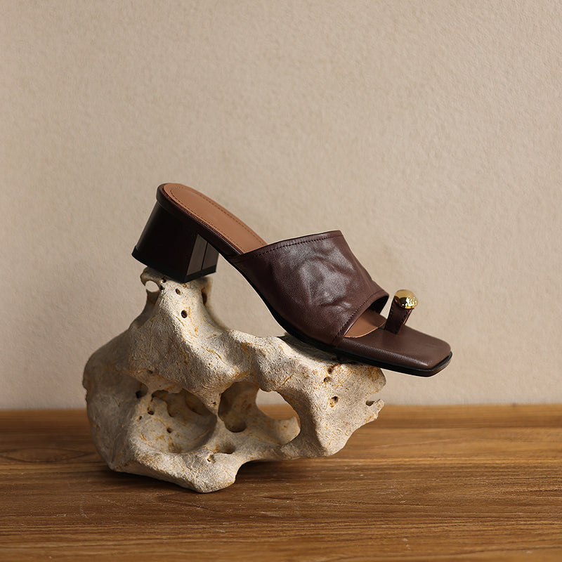 Women's Premium Full-Grain Lambskin Slide Sandals, Handmade Vintage Metal Decor Square Toe Block Heel Mules