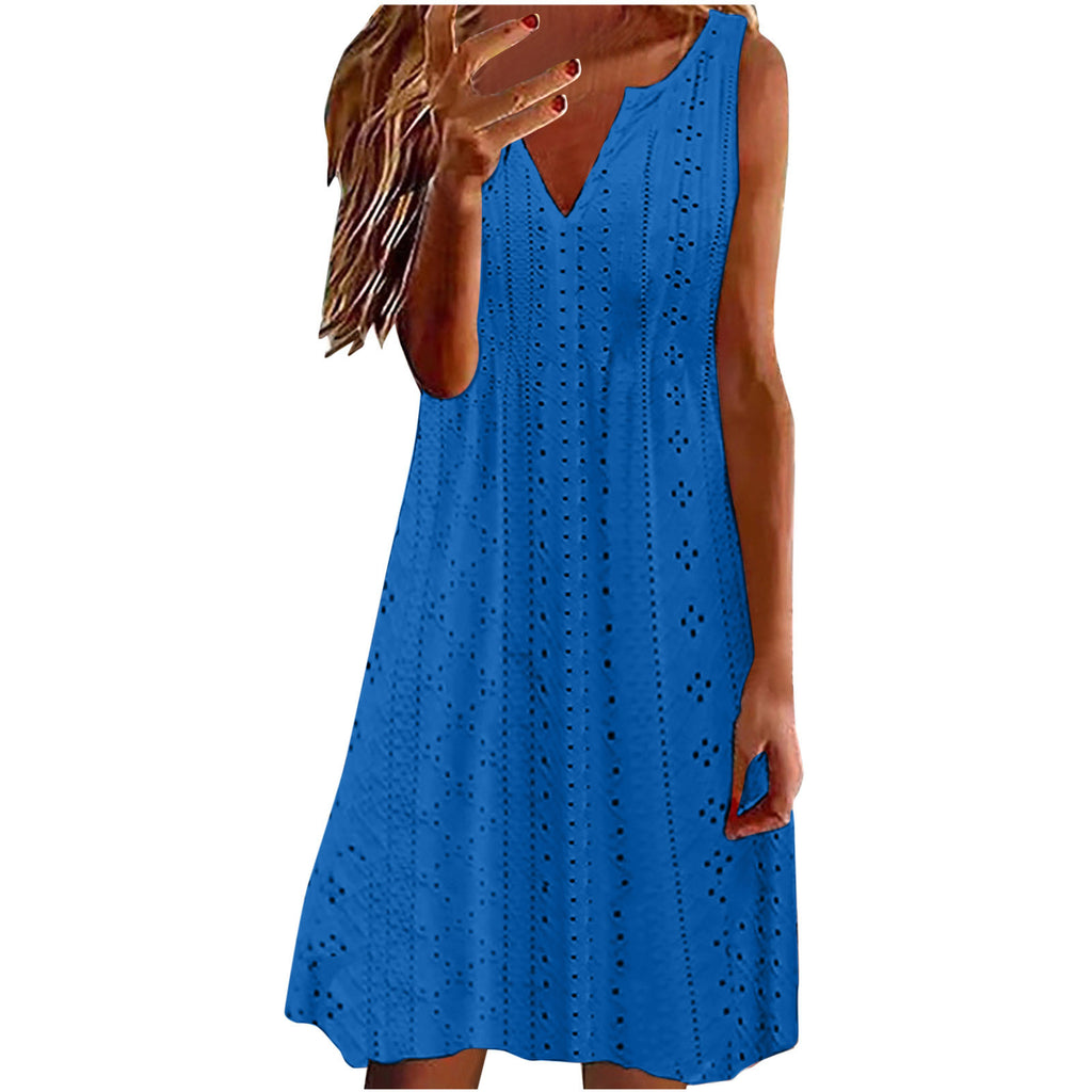Womens Hollow-Out Jacquard V-Neck Loose Solid-Colored Dress