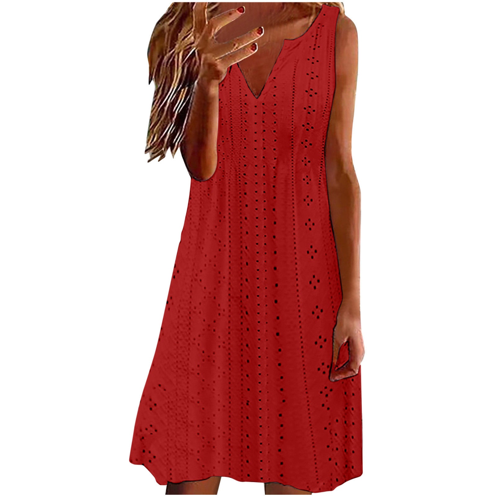 Womens Hollow-Out Jacquard V-Neck Loose Solid-Colored Dress