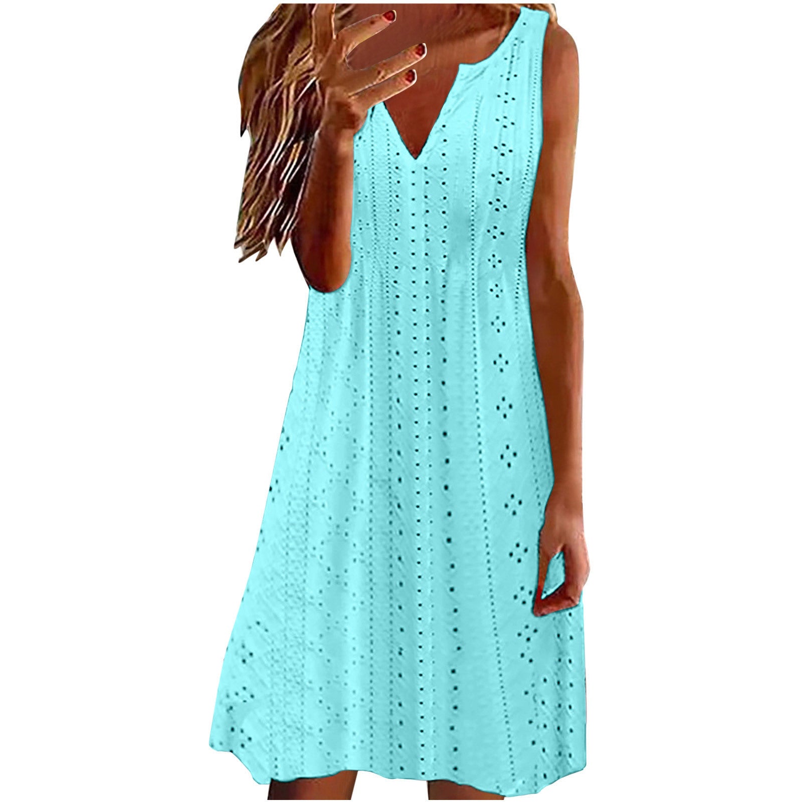 Womens Hollow-Out Jacquard V-Neck Loose Solid-Colored Dress