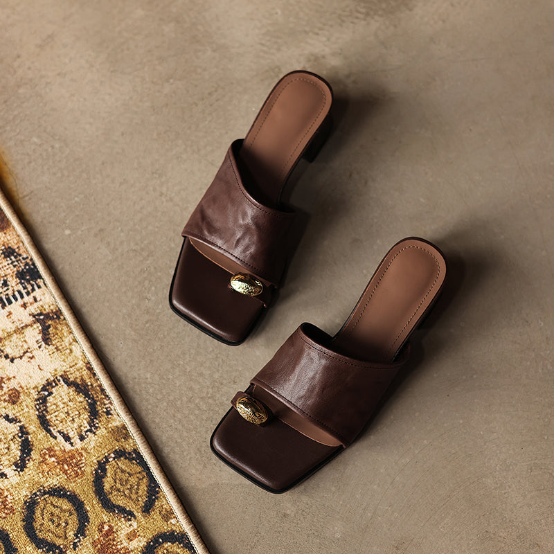 Women's Premium Full-Grain Lambskin Slide Sandals, Handmade Vintage Metal Decor Square Toe Block Heel Mules